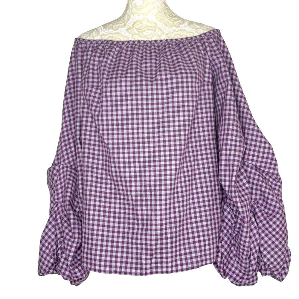 Guest Edition Anthropologie Off Shoulder Peasant Blouse Top Plaid M